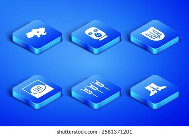 Set Ukrainian footwear, Map of Ukraine, Wheat, Flag, Thief mask and trident icon. Vector