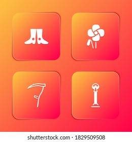 Set Ukrainian footwear, Poppy flower, Scythe and Monument of Independence icon. Vector.