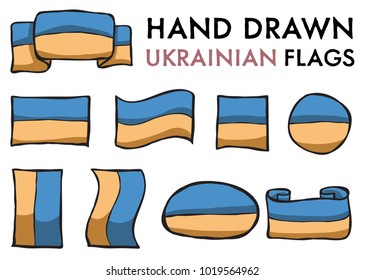 Set of Ukrainian Hand Drawn / Doodled National Flags. High-Quality Vector Illustration. Grouped, Ready To Use!