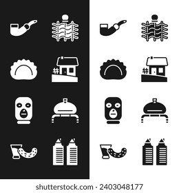 Set Ukrainian house, Dumplings, Smoking pipe, Wicker fence, Thief mask, Bread and salt, Two towers Dnipro and Glass with vodka icon. Vector