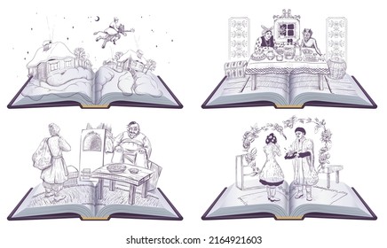 Set ukrainian literature reading open book. Vector cartoon illustration isolated on white