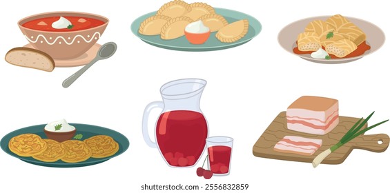 Set of Ukrainian national dishes borsch, varenyky, holubtsy, compote, salo, deruny.  Illustration in flat with traditional ukrainian cuisine