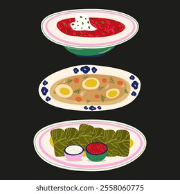 A set of Ukrainian national dishes for the Christmas table. Traditional Ukrainian cuisine. Cartoon food stickers. Borscht, varenyky, holubtsi, pampushki, deruny, salo. Vector illustration 