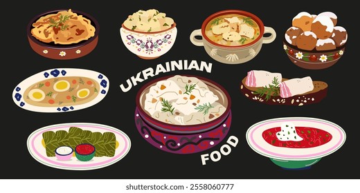 A set of Ukrainian national dishes for the Christmas table. Traditional Ukrainian cuisine. Cartoon food stickers. Borscht, varenyky, holubtsi, pampushki, deruny, salo. Vector illustration 