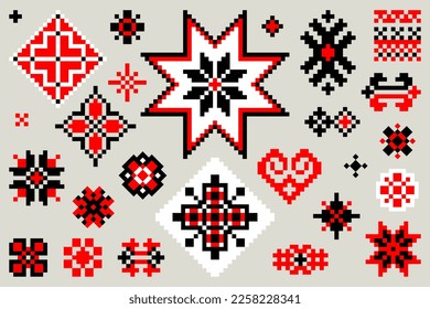 Set of Ukrainian national embroidery elements. Cross-stitch patterns of Ukrainian national ornaments. Isolated objects. Print for souvenirs.