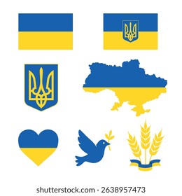 Set of Ukrainian national symbols: flag, coat of arms (trident), map, heart, dove with olive branch, wheat. Blue and yellow patriotic icons. Support Ukraine concept