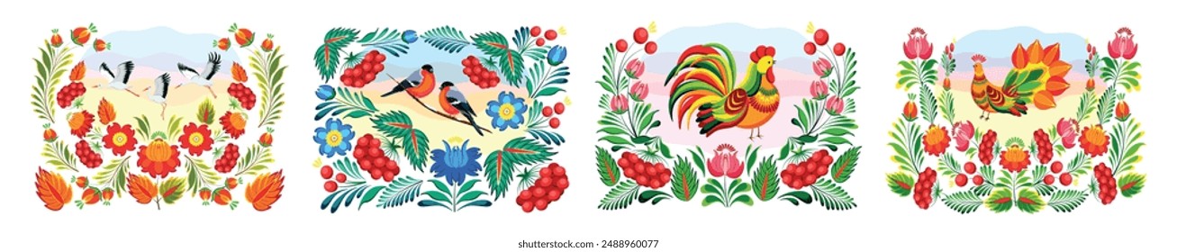 
Set of Ukrainian Petrykivka painting in a cartoon style. Vector illustration of different birds among viburnum, flowers, leaves isolated on white background. Seasons: autumn, winter, spring, summer. 