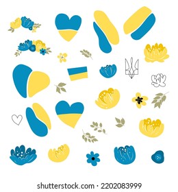 A set of Ukrainian symbols. Blue-yellow. Support for Ukraine. Stop war. Vector flat illustration. Isolated.