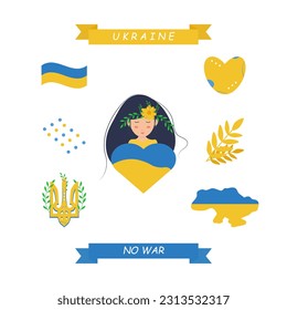Set with Ukrainian symbols.
Ukrainian woman with wreath and heart, emblem of Ukraine, flag of Ukraine, map of Ukraine, inscriptions Ukraine, No war, wheat heart with abstraction.
Illustration eps 10.