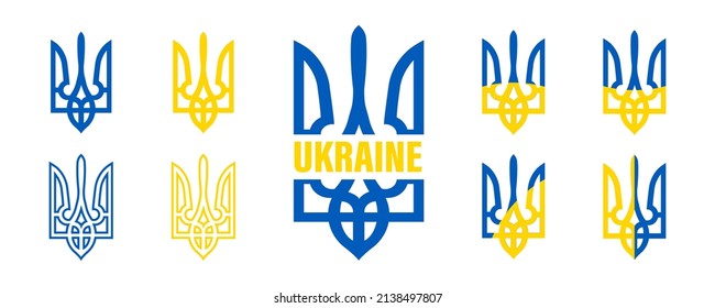 Juego de tridentes ucranianos. Escudo Nacional de Armas de Ucrania. Colección de coloridos Tridentes ucranianos. Icono del vector. 10 pasos