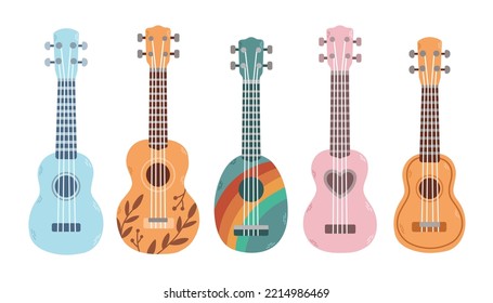 Set of ukulele in different colors and sizes. Popular music instrument.
