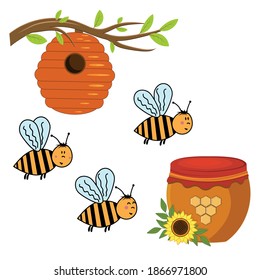 Set of Uli on a tree, bees and a jar of honey, color isolated vector illustration, clipart, design, decoration, scrapbooking, application, banner
