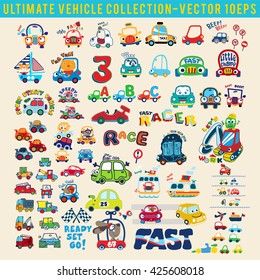 Set of ultimate vehicle collection.Graphic design elements for baby product. T-Shirt graphic design. Textile artwork design. Coloring books