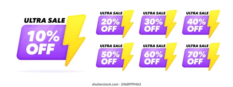 Set of ultra sale 3d banner with lightning bolt. Badges design with different value of discount. Banner template for business, shops, advertising , discount, sale. Modern vector illustration.