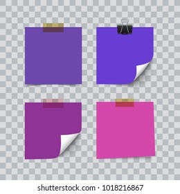Set of ultra violet color sheets of note memo paper isolated on transparent background. Realistic vector illustration. Curl corner