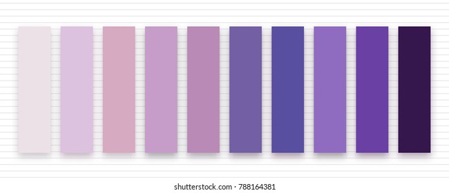 Set of ultra violet and lavender swatches. Color of the year 2018 for fashion industry. Vector colors palette on striped background. Inspirational swatches for seasonal backgrounds, projects.