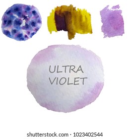 Set of ultra violet and yellow abstract spots.Watercolor hand drawn illustration. Trendy color.
