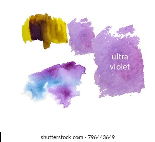 Set of ultra violet and yellow abstract spots. Watercolor hand drawn illustration. Trendy color.