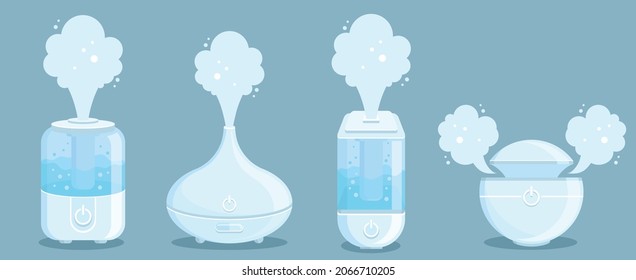 A set of ultrasonic steam humidifiers of various shapes. Household appliances for the home. vector illustration in flat style. isolated on background.