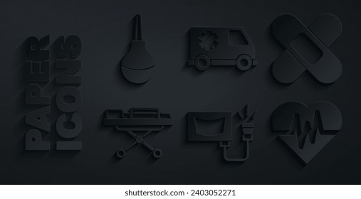 Set Ultrasound, Crossed bandage plaster, Stretcher, Heart rate, Emergency car and Enema icon. Vector
