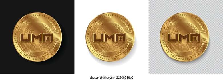 Set of Uma (UMA) crypto currency logo symbol vector isolated on white, dark and transparent background. Can be used as golden coin sticker, icon, label, badge, print design and emblem