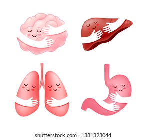 Set of uman internal organs with hand embrace. Brain, liver, lung and stomach cartoon character. icon design. Health care concept. Illustration isolated on white background.