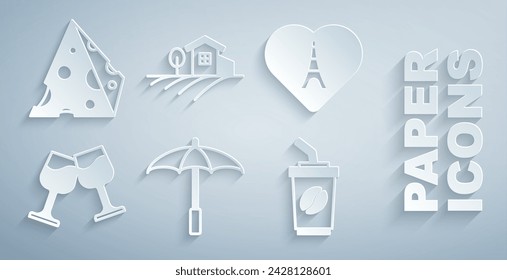Set Sonnenschirm für Strand, Eiffelturm mit Herz, Weinglas, Kaffeetasse go, Dorflandschaft und Käse-Ikone. Vektor