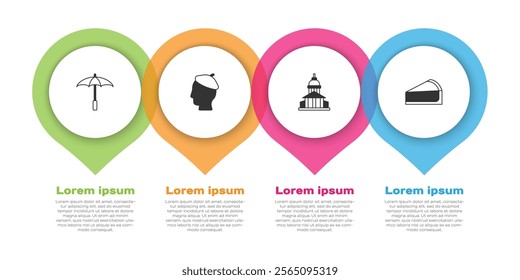 Set Umbrella for beach, French man, Museum building and Cherry cheesecake slice. Business infographic template. Vector