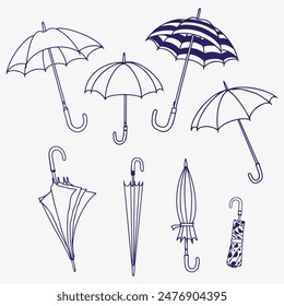 Set of Umbrella cartoon design Blue and White outline 