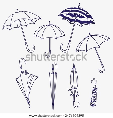 Set of Umbrella cartoon design Blue and White outline 