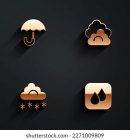 Set Umbrella, Cloud, with snow and Water drop icon with long shadow. Vector