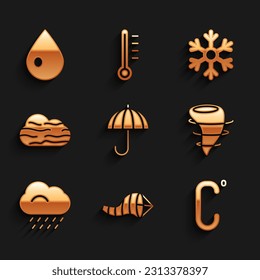 Set Umbrella, Cone meteorology windsock wind vane, Celsius, Tornado, Cloud with rain, Fog and cloud, Snowflake and Water drop icon. Vector