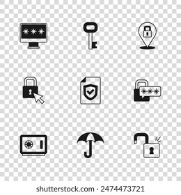 Set Umbrella, Cyber security, Open padlock, Contract with shield, Lock, Monitor password, Old key and  icon. Vector