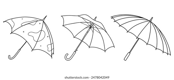 Set of Umbrella in doodle style isolated on white background. Umbrella season. Linear open umbrella. Vector illustration.