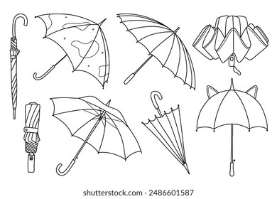 Set of Umbrella in doodle style isolated on white background. Umbrella season. Linear open umbrella. Vector illustration.