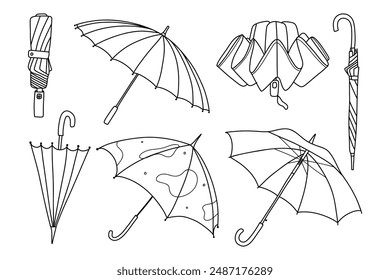 Set of Umbrella in doodle style isolated on white background. Umbrella season. Linear open umbrella. Vector illustration.