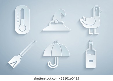Set Umbrella, Dove, Handle broom, Bottle of wine, Witch hat and Thermometer icon. Vector