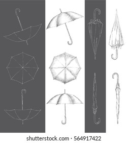 Set of umbrella drawings, hand-drawn. Vector eps 8.