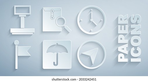 Set Umbrella, Fast time delivery, Location marker, Infographic of city map navigation, Envelope with magnifying glass and Scale icon. Vector