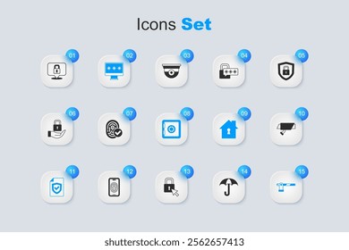 Set Umbrella, Fingerprint, Monitor with password, Contract shield, Parking car barrier, Security camera, Lock and Safe icon. Vector