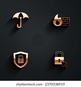 Set Umbrella, Firewall, security wall, Shield with lock and Lock icon with long shadow. Vector