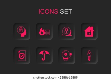 Set Umbrella, Firewall, security wall, Lock, Ringing alarm bell, House under protection, Key,  and Contract with shield icon. Vector