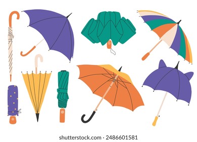 Set of Umbrella in flat style isolated on white background. Umbrella season. Hand drawn open umbrella. Vector illustration.