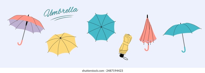 Set of Umbrella in flat style. Opened, closed, and folded umbrellas. Rain protection parasols for rainy weather. Isolated  illustrations on light blue background