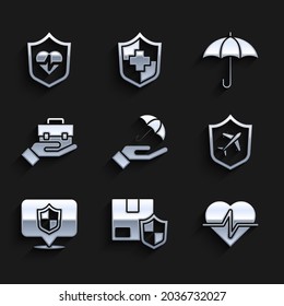 Set Umbrella in hand, Delivery security with shield, Life insurance, Plane, Location, Hand holding briefcase,  and  icon. Vector