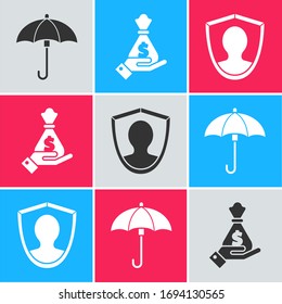 Set Umbrella, Hand holding money bag and User protection icon. Vector