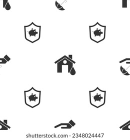 Set Umbrella in hand, House flood and Piggy bank with shield on seamless pattern. Vector