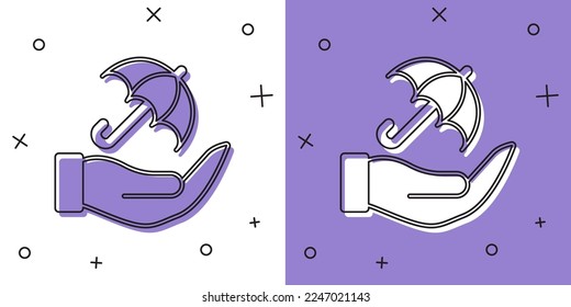 Legen Sie einen Regenschirm in die Hand, Symbol einzeln auf weißem und violettem Hintergrund. Versicherungskonzept. Wasserdichte Ikone. Schutz, Sicherheit, Sicherheitskonzept.  Vektorgrafik