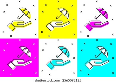 Set Umbrella in hand icon isolated on color background. Insurance concept. Waterproof icon. Protection, safety, security concept.  Vector