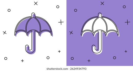 Defina o ícone de guarda-chuva isolado no fundo branco e roxo. Conceito de seguro. Ícone impermeável. Proteção, segurança, conceito de segurança.  Vetor
